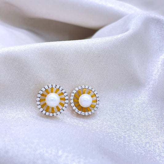 Floral Pearl and Zircon Gold Plated Silver Ear Studs