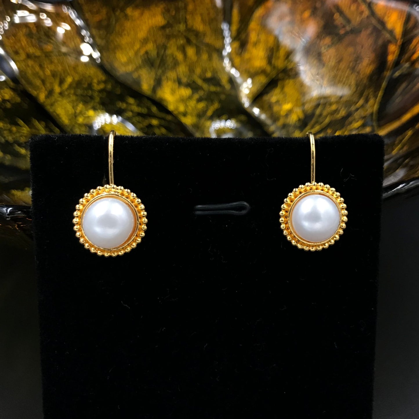 Hanging Pearl and Zircon Gold Plated Silver Ear Studs